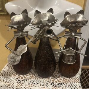 1990s FOLK ART Pier 1 Cats Musician Figurines Set of 3 Wood & Metal Statues 10"